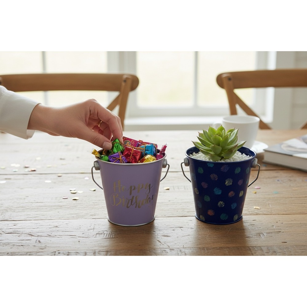 Made For Retail Metal Pails Kids OS Purple Blue Very Good Birthday Polka Dot